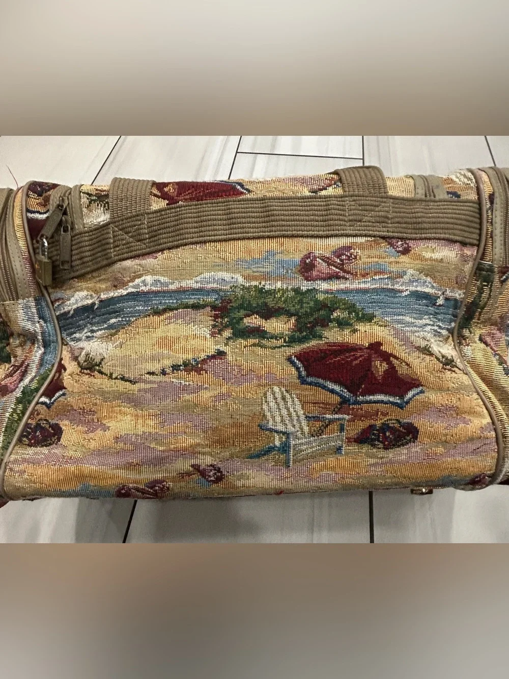 Vintage Pioneer Express Tapestry Bag – Beach Scene/Coastal Nautical Tote Large